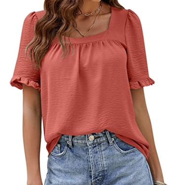 Imagem de Camiseta feminina de manga curta, blusas casuais de verão manga com babados tops blusa plissada pulôver, laranja, GG (busto: 115 cm)