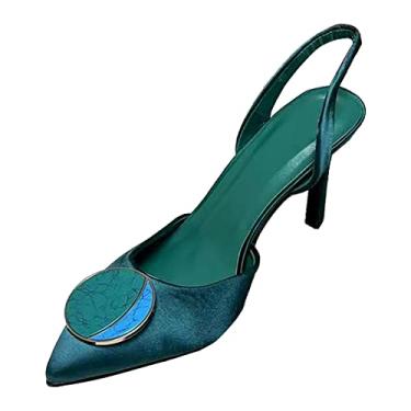 Imagem de Sandálias de salto alto de dedo fino para mulheres primavera e outono salto fino fivela cinto elástico sapato de salto alto (verde, 7)