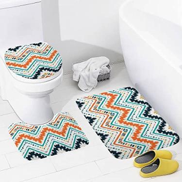Imagem de Conjunto de 3 peças de tapetes de banheiro étnicos em ziguezague geométricos tribais tapete de banheiro lavável tapete antiderrapante tapete de contorno e tampa para banheiro