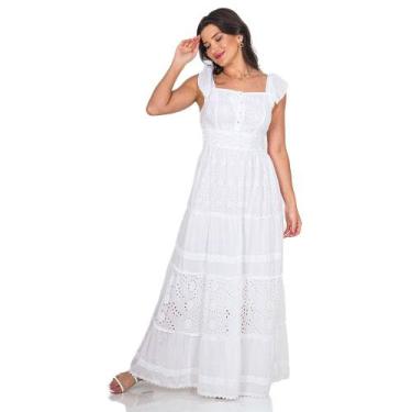 Imagem de Vestido Indiano Longo Lese Branco Algodão Alça Babado Liso - Zafina