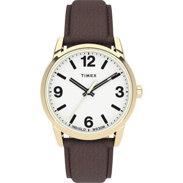 Imagem de Relógio de 38mm easy reader masculino da Timex - Mostrador branco de caixa de tons dourados com cinta de couro marrom