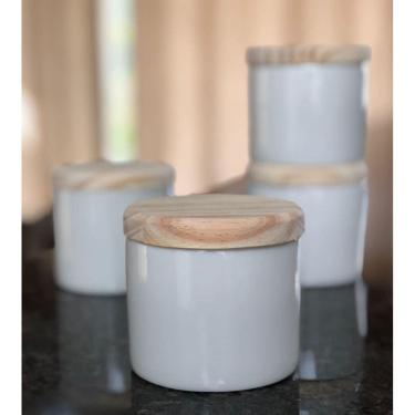 Imagem de Kit 6 Porta Treco / Condimentos / Mantimentos 200ml - Potes Porcelana Tampa Pinus
