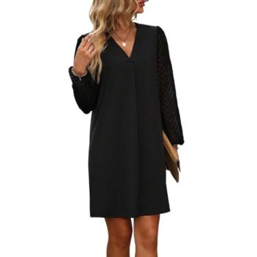 Imagem de Camisa Feminina Contrast Mesh Lantern Sleeve Tunic Dress (Color : Black, Size : XL)