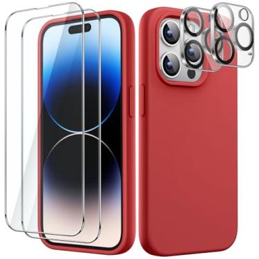Imagem de JETech 3 em 1 Capa Silicone para iPhone 14 Pro Max 6,7 Polegadas, com 2 Protetores de Tela e Protetores de Lente de Câmera, Capinha Película de Vidro Temperado de Cobertura Total (Vermelho)