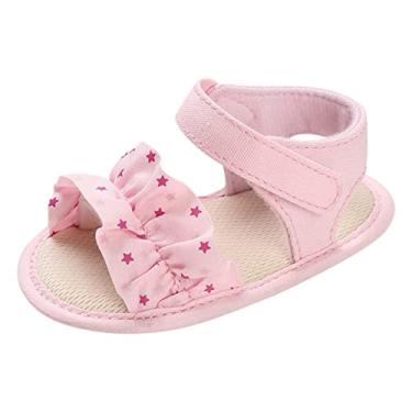 Imagem de Sandálias infantis sapatos infantis sandálias de menina com fita de luz plana padrão de estrela bico aberto respirável e sandálias infantis, rosa, 0-6 Meses