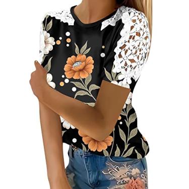 Imagem de Blusas femininas modernas de manga curta de manga curta com estampa gráfica, blusas de algodão de verão, camisetas soltas, túnica atlética, Laranja, M