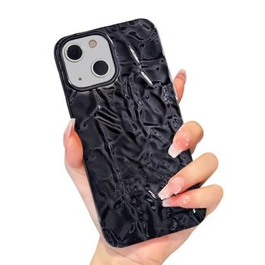 Imagem de ekoneda Capa compatível com iPhone 14, capas de telefone plissadas de alumínio de estanho com design de luxo fofo e galvanizado, galvanizadas, preto, brilhante, capa protetora de silicone slim fit, macia, de 15,4 cm