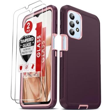 Imagem de LeYi Capa para Samsung A23 5G para Samsung A23 5G com [2 unidades] Protetores de tela de vidro temperado, 3 em 1, capa de proteção de proteção robusta de borracha à prova de choque à prova de poeira Samsung A23 5G, vermelho vinho/rosa..