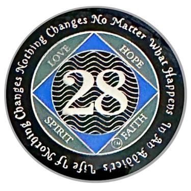 Imagem de (Anos 1-55) Medalhão NA de 28 anos, prata, cor azul, moeda coberta com epóxi Narcóticos Anônimos (NA 28 anos)