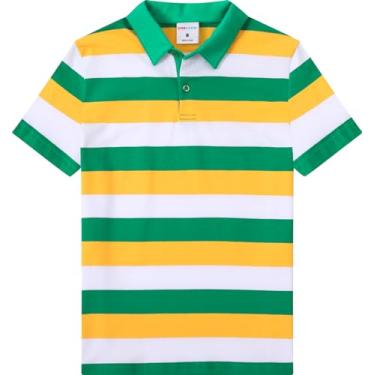 Imagem de COSLAND Camisa polo listrada para meninos, camisa de manga curta de algodão, PP-Grande, Polo verde, branco e laranja, M