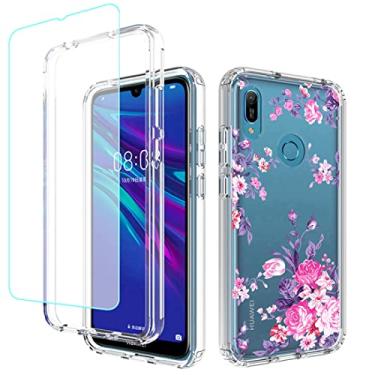 Imagem de sidande Capa para Huawei Y6 2019/Y6 Prime 2019/Y6s/Honor 8A capa com protetor de tela de vidro temperado, capa protetora fina de TPU floral transparente para celular para Huawei Y6 2019 (flor rosa)