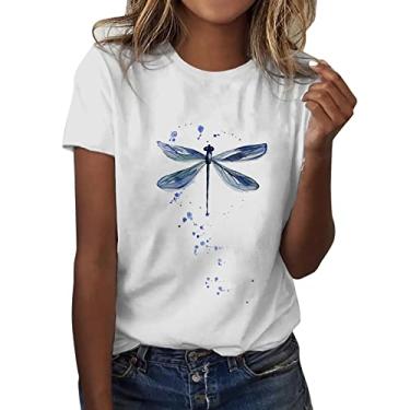 Imagem de Camisetas femininas com estampa floral folgada, gola redonda, manga curta, casual, verão, Azul-marinho - C, GG
