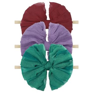 Imagem de Lanmerry Arcos grandes de renda para bebês faixas de cabelo elásticas laços de cabelo crianças acessórios de cabelo macio recém-nascido crianças pequenas vinho roxo verde 3 peças