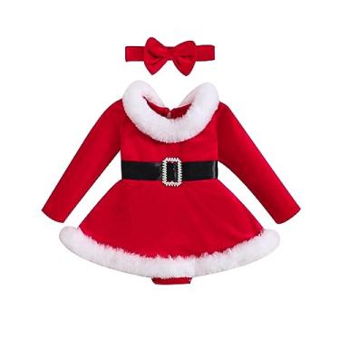 Imagem de Shejingb Macacão de Papai Noel para bebês meninas recém-nascidas, vestido de princesa de lã com faixa de cabeça, Vestido de Papai Noel vermelho, 6-12 Months