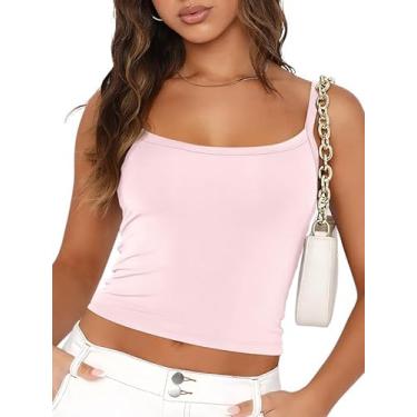 Imagem de Trendy Queen Camiseta regata feminina com alças finas ajustáveis básicas, blusas cropped fofas para mulheres roupas de verão, rosa, P