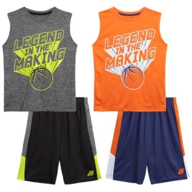 Imagem de Pro Athlete Conjunto de shorts ativos para meninos – 4 peças de camiseta de desempenho dry fit e shorts de academia (4-16), Cinza/laranja Legend, 14-16