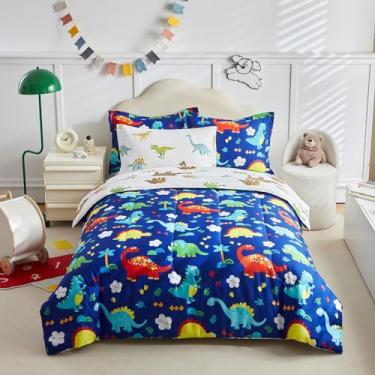 Imagem de Jogo de cama infantil Queen com estampa de dinossauro, azul marinho, macio, 7 peças, colorido (1 edredom, 2 fronhas, 1 lençol de cima, 1 lençol com elástico, 2 fronhas)