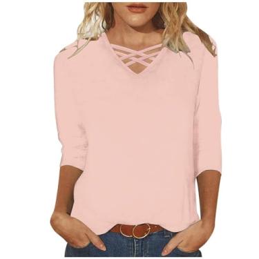 Imagem de Camiseta feminina com gola V cruzada manga 3/4 de comprimento cor sólida blusa solta casual túnica, Caqui, P