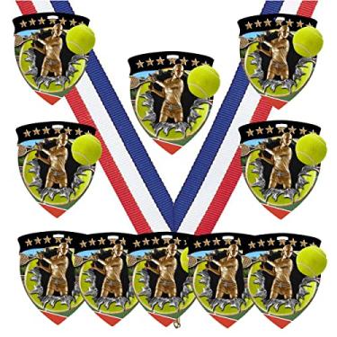 Imagem de Pacote com 10 medalhas de tênis femininas em formato de escudo de 7,5 cm com fitas de pescoço CSM