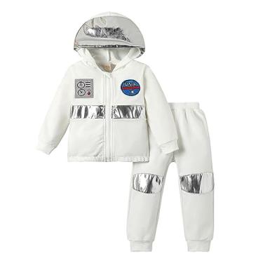 Imagem de Fantasia de astronauta para crianças meninos meninas Halloween Space Outfit Ziper Hoodies Patches Pants Set Rocketship Roupas (branco, 6-7 anos)