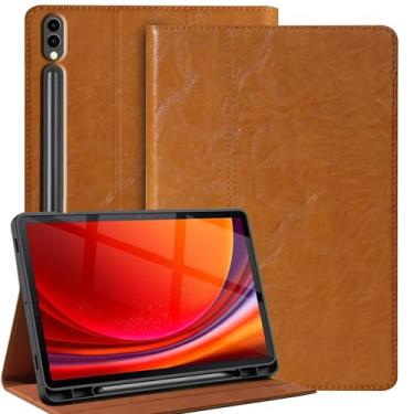 Imagem de Gexmil Capa de couro genuíno para Samsung Galaxy Tab S8 Ultra de 14,6 polegadas com suporte para lápis, capa protetora à prova de choque ajustável Smart Premium Folio Flip Tablet, amarelo-marrom