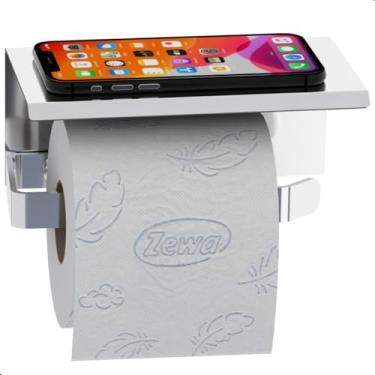 Imagem de Porta Papel Higiênico de Parede em Inox e Cromado para Banheiro com Suporte para Celular