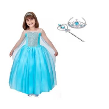 Imagem de Vestido Fantasia Infantil Rainha Elsa Frozen c/Capa Varinha e Coroa (G(8 ANOS))