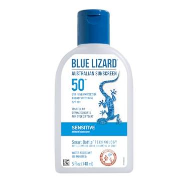 Imagem de BLUE LIZARD Protetor solar mineral sensível com óxido de zinco, FPS 50+, resistente à água, proteção UVA/UVB com tecnologia inteligente de garrafa – sem fragrância, 150 ml