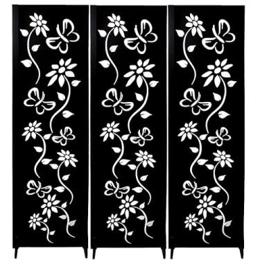 Imagem de 3 Biombo Pintado Divisoria Separador de Ambiente MDF Com Pés Preto ou Branco (Floral, Preto)