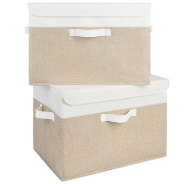 Imagem de GRANNY SAYS Caixas de armazenamento com tampas, caixas de armazenamento decorativas, cestas de prateleira, armazenamento e organização de roupas, branco/cáqui, pacote com 2