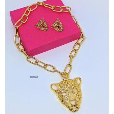 Imagem de Kit Choker e Brincos Corrente Elo Grosso com Pingente Onça Tigre Vazad