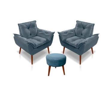 Imagem de Kit C/02 Poltronas Opala + 01 Puff Redondo Danny Suede Azul Turquesa  