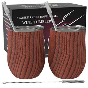 Imagem de CHILLOUT LIFE Copos de vinho de aço inoxidável de 354 ml, pacote com 2 - Conjunto de copos de vinho isolados a vácuo de parede dupla com tampas e canudos para café, vinho, coquetéis | Padrão de