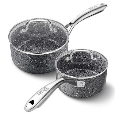 Imagem de HLAFRG Conjunto de panelas antiaderentes para cozinha – Conjunto de panelas de 1 litro e 2 litros com tampa – conjunto de panelas multiuso para uso em casa ou restaurante (granito cinza)