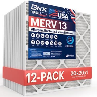 Imagem de BNX Filtro de ar para forno CA TruFilter 50 x 50 x 1 MERV 13 (pacote com 12) – Feito nos EUA – Filtros de ar condicionado plissado eletrostático HVAC AC – Remove pólen, mofo, bactérias, fumaça