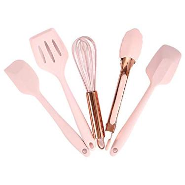 Imagem de Collfa Conjunto pequeno de cinco peças de utensílios de cozinha em ouro rosa e rosa mini utensílios de cozinha de silicone para crianças batedor espátula pinça colher e espátula com fenda (suprimentos de cozimento infantil)