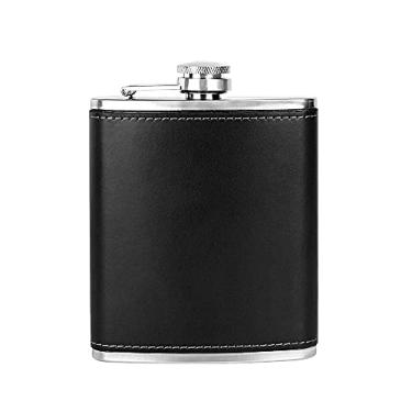 Imagem de AUGEN Garrafa Hip Flask de aço inoxidável à prova de vazamento de couro preto Stiched 230 ml Frascos de bolso para bebidas alcoólicas ou suporte para bebidas alcoólicas