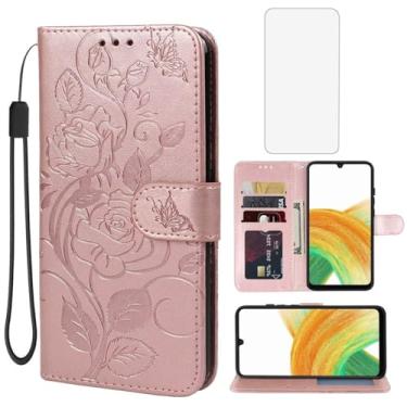 Imagem de Vavies Capa carteira para Galaxy A13 4G/A13 LTE 4G SM-A135F com protetor de tela de vidro temperado, flor de couro flip porta-cartão de crédito suporte para celular para Samsung Galaxy A13 4G ouro