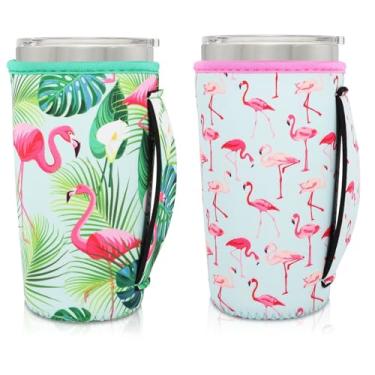 Imagem de AJLTPA Suporte de copo com mangas isoladas de neoprene com alça para copos de 590 ml, manga reutilizável para café gelado compatível com Starbucks Trenta, Dunkin grande, mais (flamingo tropical