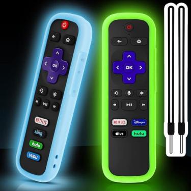 Imagem de Pacote com 2 capas para controle remoto Roku, capa para Hisense Roku TV Steaming Stick/Express controle de substituição universal, capa protetora de silicone Roku TV Remote Cover Skin brilha no escuro verde e azul