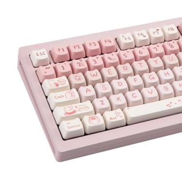 Imagem de COOMICKEY Teclas de gato fofo, teclas PBT rosa branco perfil Mao 134 teclas, conjunto de teclas de sublimação de tinta compatível com 60% 75% 96% 100% Cherry Gateron MX Switches teclado mecânico para