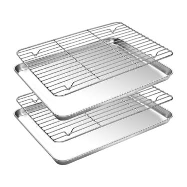 Imagem de Conjunto de assadeira com suporte de arame, 4 peças (2 panelas + 2 racks) de aço inoxidável, conjunto de assadeiras antiaderentes, frigideiras resistentes não tóxicas, sem ferrugem, acabamento espelhado, pode ser lavado na lava-louças (25 cm)