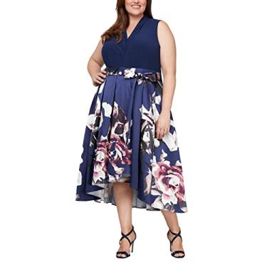 Imagem de S.L. Fashions Vestido feminino plus size com comprimento de chá e gola redonda, Floral azul-marinho, 52