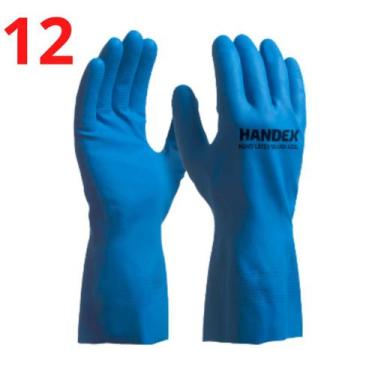 Imagem de Kit 12 Luva Látex Azul Forro Verniz Silver Limpeza Pesada - HANDEX, P 