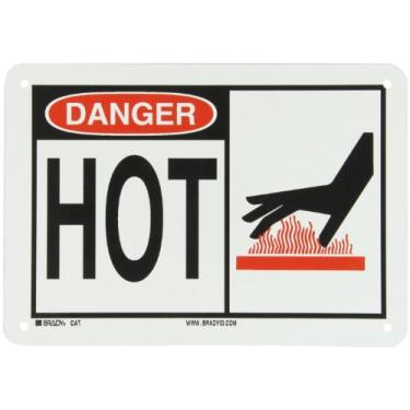 Imagem de Brady 46643 25,4 cm largura x 17,8 cm altura B-555 alumínio, preto e vermelho em branco sinal de alerta, cabeçalho "perigo", legenda "Hot" (com imagem)