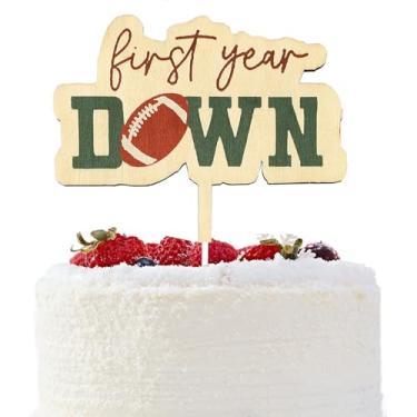 Imagem de First Year Down Wooden Cake Topper,Football First Birthday Cake Topper,1st Birthday Cake Topper,Sports One Birthday Wood Cake Topper,Little Footballer Smash Cake Photo Props