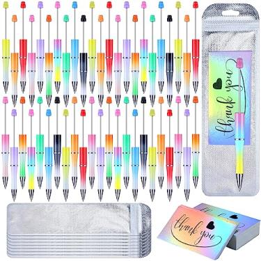 Imagem de Yeaqee Kit de 150 canetas com contas, 50 canetas esferográficas coloridas de plástico com contas a granel, 50 cartões de agradecimento, com 50 sacos de embalagem que podem ser fechados para escola,