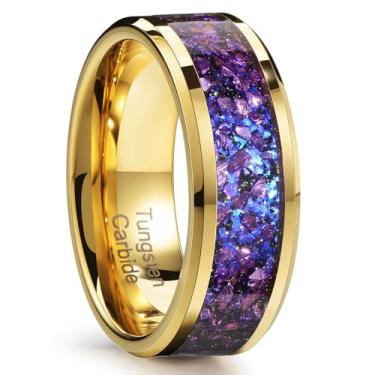 Imagem de Holizaly Anel masculino de galáxia de aço tungstênio dourado de 8 mm incrustado com folha de ouro promessa de casamento superfície brilhante chanfrada ajuste confortável tamanho 7-14 com caixa de