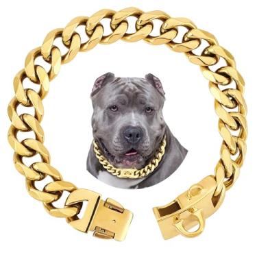Imagem de BAOBOTE Coleira de cachorro com corrente de ouro de 19 mm, luxuosa coleira de elos cubanos dourados com fivela de pressão segura para Pitbulls grandes (ouro de 40,64 cm)