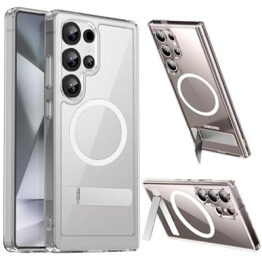 Imagem de Hiooloon Capa ultra magnética transparente para Samsung Galaxy S25, compatível com MagSafe, suporte bidirecional integrado [suporte horizontal e vertical], capa robusta e transparente (transparente)